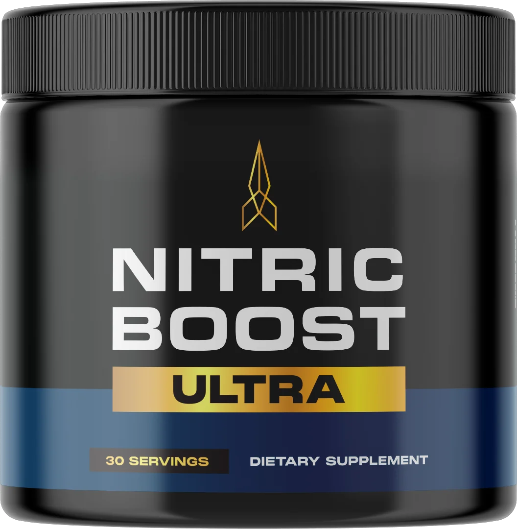 Nitric Boost Ultra supplement container with dynamic yellow powder effect